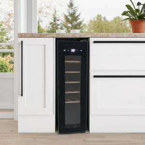 Enfriador de Vino Eléctrico Compacto de <span class=keywords><strong>12</strong></span> <span class=keywords><strong>Botellas</strong></span>, Alto de 830 mm (32.68 Pulgadas), para Vino Tinto y Blanco, con Estantes de Madera de Haya, Independiente y Ecológico - Product Image 1