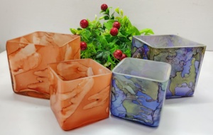 Luxe 2022 fait à la main Unique pêche marbré fantaisie verre grand carré texturé pot multi-usages bougie décorative noël - Product Image 2