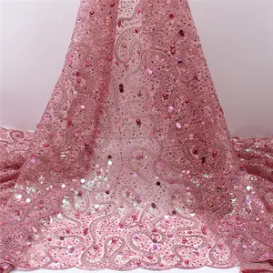 Commercio all'ingrosso di Tulle francese ricamo 3D tessuto di pizzo da sposa di perline tessuto di pizzo di alta qualità con paillettes