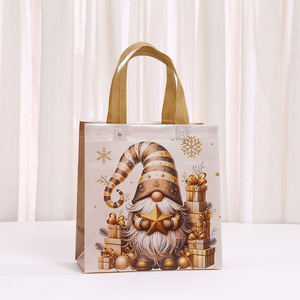 Sacchetti Regalo Natalizi Dorati in Tessuto Non Tessuto con Stampa di Babbo Natale, Elfi e Campanelle, Borse Riutilizzabili Laminate per le Festività - Product Image 6