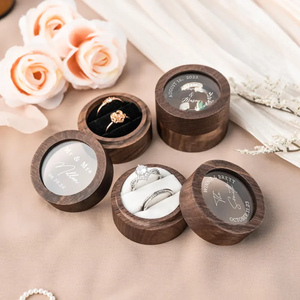 Petite boîte à anneaux ronde <span class=keywords><strong>en</strong></span> <span class=keywords><strong>bois</strong></span> avec couvercle transparent, boîte de rangement pour bijoux, porte-anneaux de mariage ou de fiançailles <span class=keywords><strong>en</strong></span> <span class=keywords><strong>bois</strong></span> - Product Image 2