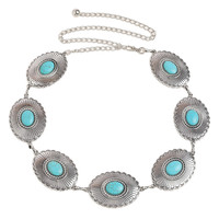 Sabuk Rantai Pinggang JULUN, Sabuk Rantai Berhias Manik-Manik, Rantai Logam Bertatahkan Turquoise Gaya Barat, Boho Cowgirl, Lebar 5cm, Panjang 120cm