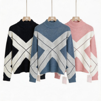 Pull jacquard à col roulé pour femme, motif géométrique color block, contraste noir et blanc, épaules tombantes, bordure côtelée, coupe ample, vêtements d'automne