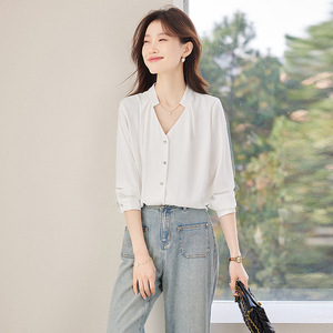 Royal Blue V-neck Shirt Women Long Sleeve Button Front Solid Color Office Wear Polyester Poplin Blouse Spring Autumn 2025 - Product Image 2