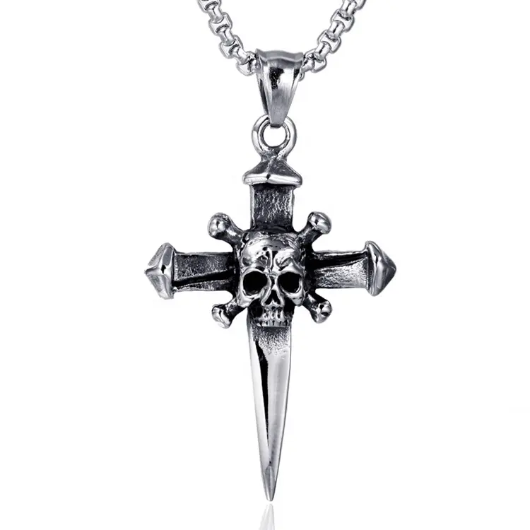 Men's Gothic skull cross necklace demon skull pendent stainless steel skull necklace