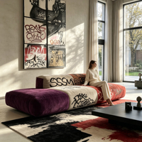 Canapé modulaire en velours patchwork en forme de L, style graffiti personnalisé, pour salon commercial
