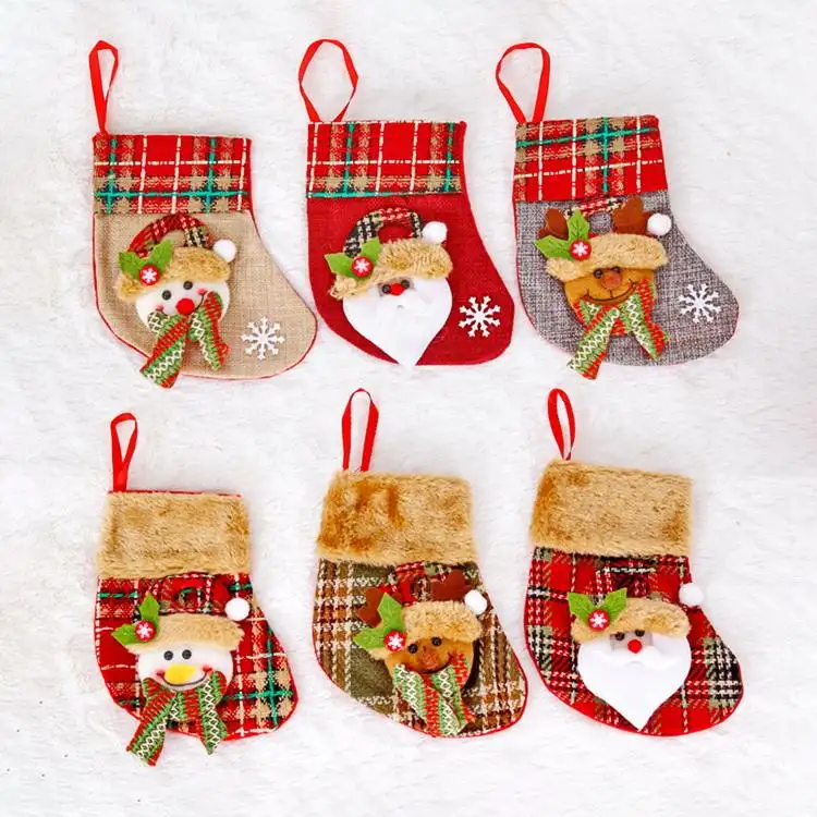 2024 moda vacaciones decoración fiesta Lino bordado punto Navidad medias Santa muñeco de nieve Reno calcetines de Navidad no tejidos