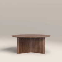 Mesa de Centro Redonda Moderna con Base Cruzada, MDF con Acabado en Madera de Nogal, Pedestal Acanalado, Fácil de Armar para Sala de Estar