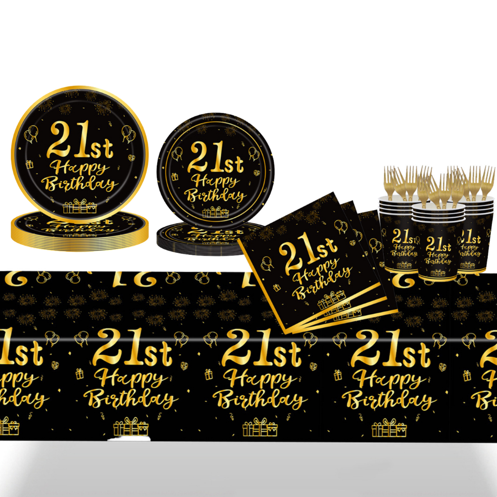 Black Gold Anniversary Digital Birthday Tableware Set Modern Paper Plate Cup with Tissue Boxed Party Decorations for Celebration
