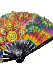 2024 Folk Art Style Custom Printed Logo <b>Folding</b> Hand Fan Factory Stock Bamboo and UV Printed Fabric Painted Technique - Product Image 3