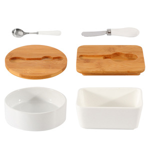 Tùy Chỉnh Lớn Vòng Hình Chữ Nhật Gốm Bơ Món Ăn Với Dao Và Nắp Gỗ Bơ <span class=keywords><strong>Container</strong></span> Hộp Bơ - Product Image 5