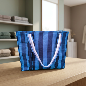 Bolsa de tela no tejida a rayas azules, bolsas de compras con estampado de bloques de algodón, bolsa de compras con parte superior abierta, estilo minimalista para todas las estaciones. - Product Image 4