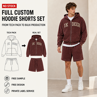 Ensemble sweat à capuche zippé en tricot gaufré personnalisé IKDEER avec short à cordon de serrage et lettres appliquées pour un style urbain décontracté vintage