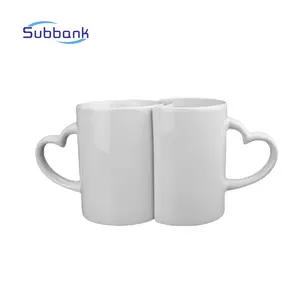 Caneca de cerâmica Subbank em forma de coração com alça engraçada sublimação em branco para amantes de café e chá conjunto de xícara e pires engraçado