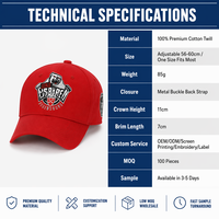Gorra de Béisbol Estructurada de 6 Paneles de Lujo Personalizada, Logotipo Bordado Multicolor, Sarga de Algodón Roja, Hebilla Ajustable de Cobre Plateado