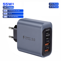 Chargeur mural USB 4 ports 55W, adaptateur secteur à charge rapide PD+QC, prise EU/US, bloc de charge multi-ports pour smartphones et tablettes