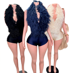 2025 Summer Women's <b>Sexy</b> Solid Knitted Feathers Spandex/Polyester Halter Deep V Backless Skinny <b>Playsuits</b> Holiday Midnight Club - Product Image 1