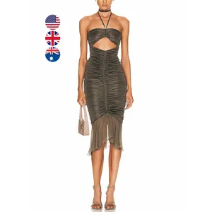 Gaun malam wanita, gaun malam wanita seksi tanpa lengan leher Halter Hollow Out Ruched Mesh Hem Slim Fit Gaun Midi