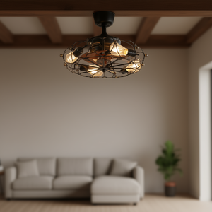 Ventilador de Techo LED Industrial Moderno con Control Remoto Integrado, 3 Aspas, Motor DC, Luz Blanca Cálida, 4 Velocidades, Negro ABS - Product Image 2