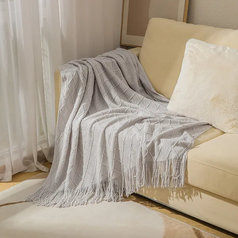 Throw Fringe Blanket Wholesale Fringe Knit 100% Acrylic Textured Solid Home Chair Sofa Couch Bed Decor Throw Blankets