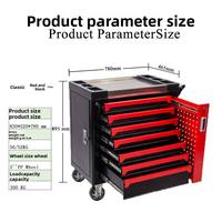 Chariot de rangement d'outils en acier rouge et noir, 7 tiroirs, armoire mobile avec roulettes et porte latérale verrouillable, capacité de charge de 300 kg pour garage