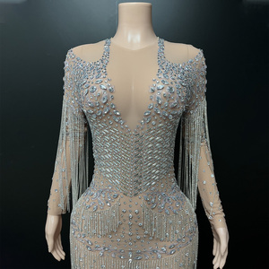 Novance Y5581 Vestidos de Fiesta Elegantes de Manga Larga con Pedrería Brillante y Borlas, Traje de Cantante - Product Image 4