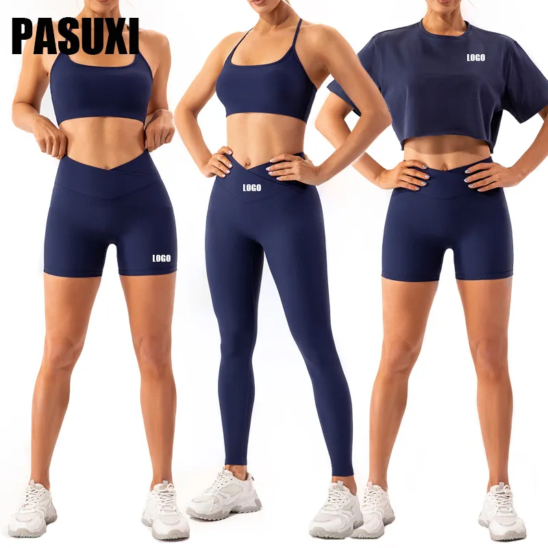 PASUXI 2023 घुड़दौड़ सहज खेलों फिटनेस जिम कपड़े महिलाओं 4 टुकड़ा प्लस आकार योग सेट प्राकृतिक रंग Activewear
