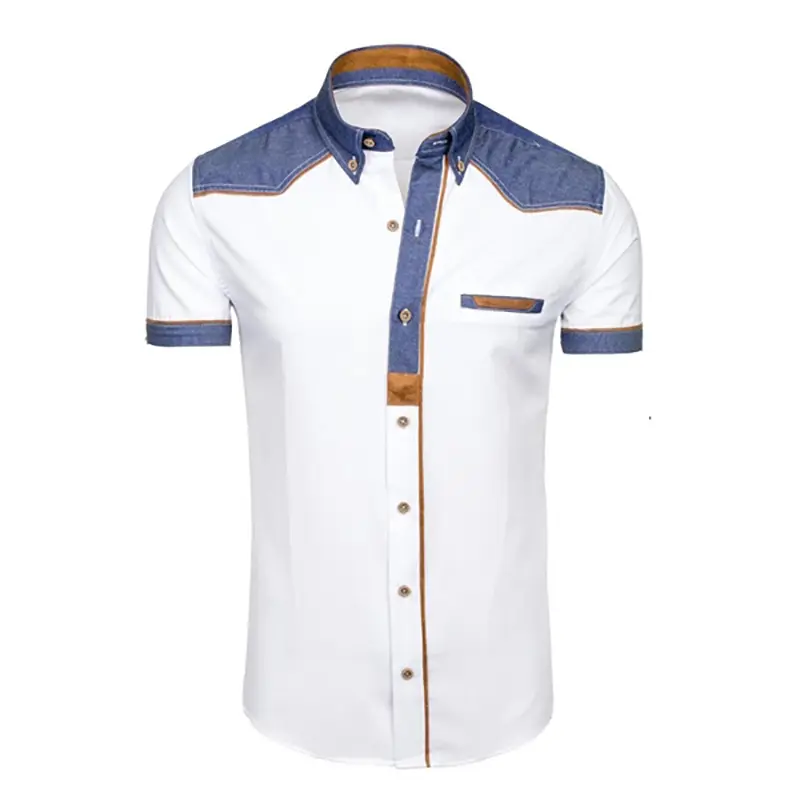 RNSHANGER Fashion Denim Patchwork Short Sleeve Formal Shirts Man Casual Summer Clothing Tops Slim Fit Plus Size 3XL Male Shirts