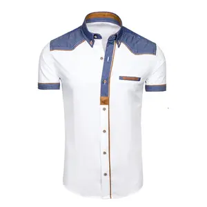 RNSHANGER Fashion Denim Patchwork Short Sleeve Formal Shirts Man Casual Summer Clothing Tops Slim Fit Plus Size 3XL Male Shirts
