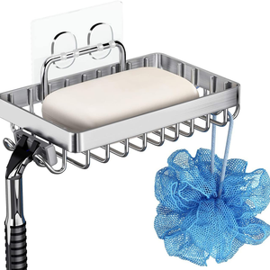 Support mural en acier inoxydable sans perçage pour savon de salle de bain, installation sans trace <span class=keywords><strong>avec</strong></span> grille de drainage et crochet pour éponge loofah - Product Image 1