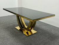 Table de banquet de mariage de luxe en gros, cadre en acier inoxydable doré, plateau en verre trempé moderne, table de salle à manger de style nouveau pour événements