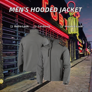 Blouson bomber décontracté à capuche pour homme, nouveau modèle en velours côtelé vintage, finition unie teinte pour le printemps - Product Image 2