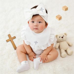 Ensemble cadeau de baptême Pinuotu pour bébé, <span class=keywords><strong>bavoir</strong></span>, bandeau et chaussettes 100% coton avec croix brodée pour nouveau-nés garçons et filles - Product Image 4