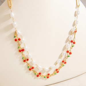 European American Style Pearl Necklace Cherry Pendant 18k Gold Plated <b>Titanium</b> Steel Clavicle <b>Chain</b> Women's Everyday Wear - Product Image 2