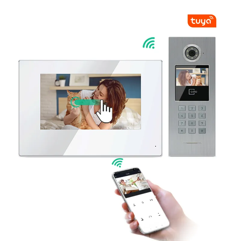 Joytimer nueva pantalla táctil pantalla brazalete de apartamentos TCP IP video de la puerta del sistema de intercomunicación teléfono con teléfono inteligente función