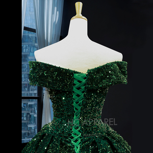 Glanzend off-shoulder baljurk met zware borduursels, lange avondjurk voor gala's met empiretaille - Product Image 6
