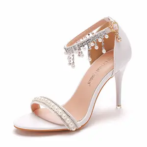 9cm Classic Ladies Wedding Bridal Shoes Tassel Pearls Ankle Strap Peep Toe T-strap Rome Sandals For Women Banquets Bridesmaid