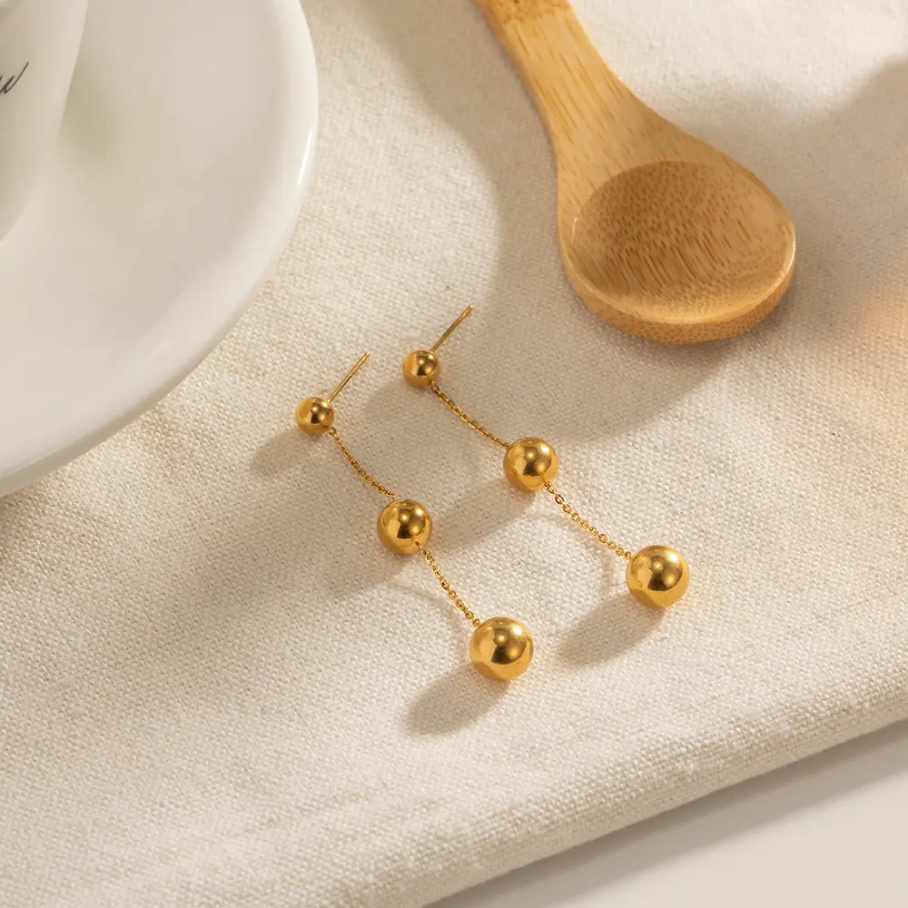 Boucles d'oreilles en acier inoxydable 18k, bijoux de fête, longues pampilles en or, vente en gros, chaîne à billes étanche pour fille