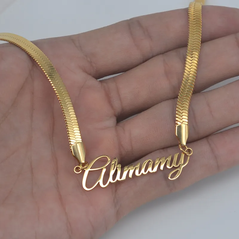 Personalised Custom 24K 18K Gold Plated Flat Snake Chain Choker Pendant Name Plate Necklace