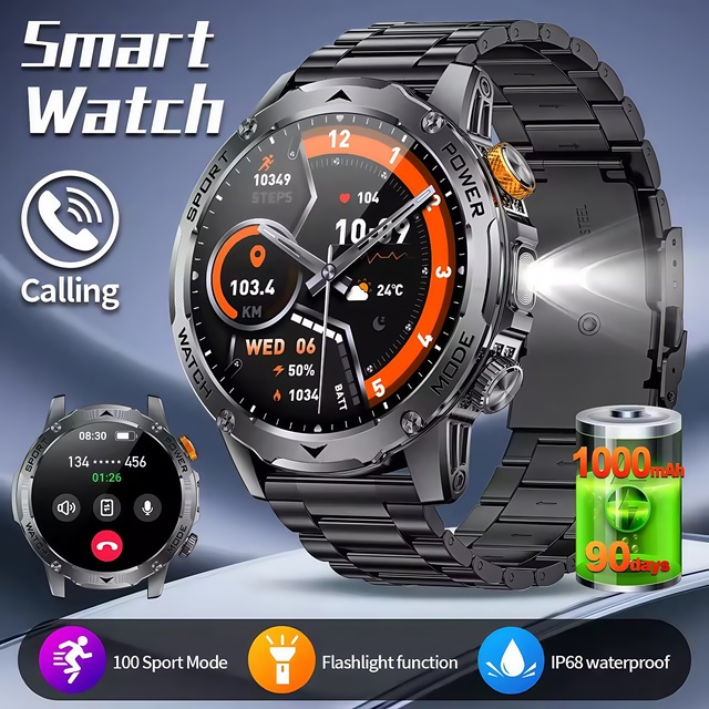 Three-Proof AK87 Smart Sports Watch 1.7inch BT Call LED Flashlight IP68 Waterproof 1000mAh Large Battery Men Outdoor Smartwatch