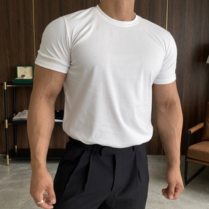 T-shirt en coton uni pour homme, coupe ajustée, logo personnalisé, manches courtes, col rond, décontracté, couleur unie, respirant, jersey tricoté, pour la gym - Product Image 2