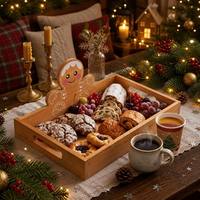 Bandeja de Madera Navideña con Plato Desmontable para Galletas de Jengibre, Asas de Transporte, Decoración Festiva para Mesa de Cocina o Café