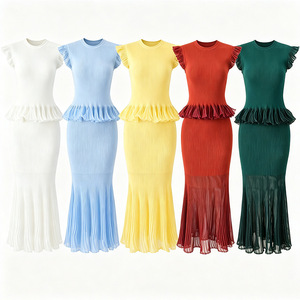 In Stock Summer Lady Delicacy <strong>Tulle</strong> Trim Patchwork Suit O-neck Sleeveless Pullover <strong>Tops</strong> Mermaid Long Skirt Women Slim Knit 2Pcs - Product Image 1