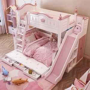 Wholesale bed bunk slide-Crown design pink children bed for girls multi-functional bunk bed with slide