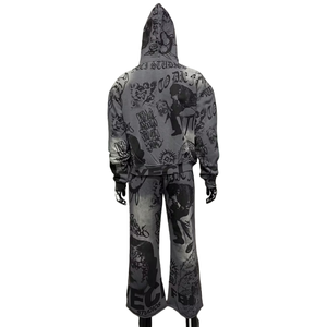 Conjunto Deportivo Personalizado con Lavado Ácido y Efecto Desgastado para Hombre, Sudadera con Capucha y Cremallera con Estampado DTG y Pantalones Deportivos de Pierna Recta y Acampanada - Product Image 6