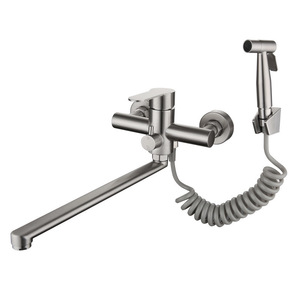 Wall Mounted Kitchen Faucet 304 Stainless Steel Single Handle Ceramic Valve 360 Degree Rotate With Sprayer Set - Product Image 1