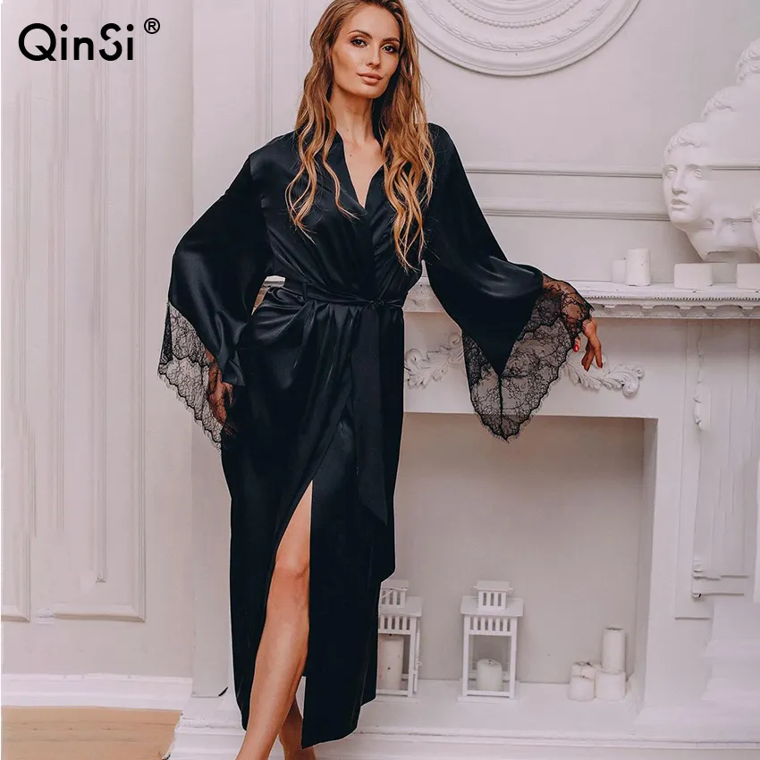 Bclout/QINSI 2023 Knee-Length Bathrobe Female Robe Nightgowns Women Pijama Patchwork Sexy Lace Sleepwear Satin Robes