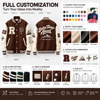 Blouson universitaire personnalisé brodé pour homme, marron, avec patch en chenille à lettres color block, mélange de laine, manches en cuir, boutons-pression