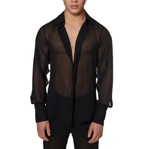 Summer black thin see-through men's shirt breathable casual shirt night show men