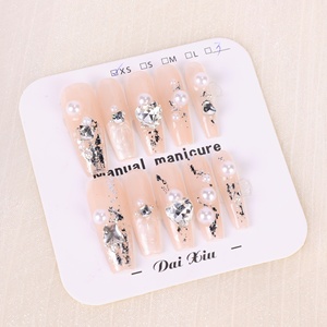 Prix usine de gros Faux ongles de luxe faits à la main en acrylique à presser, avec strass, forme carrée, motif French manucure 3D à couverture complète - Product Image 2